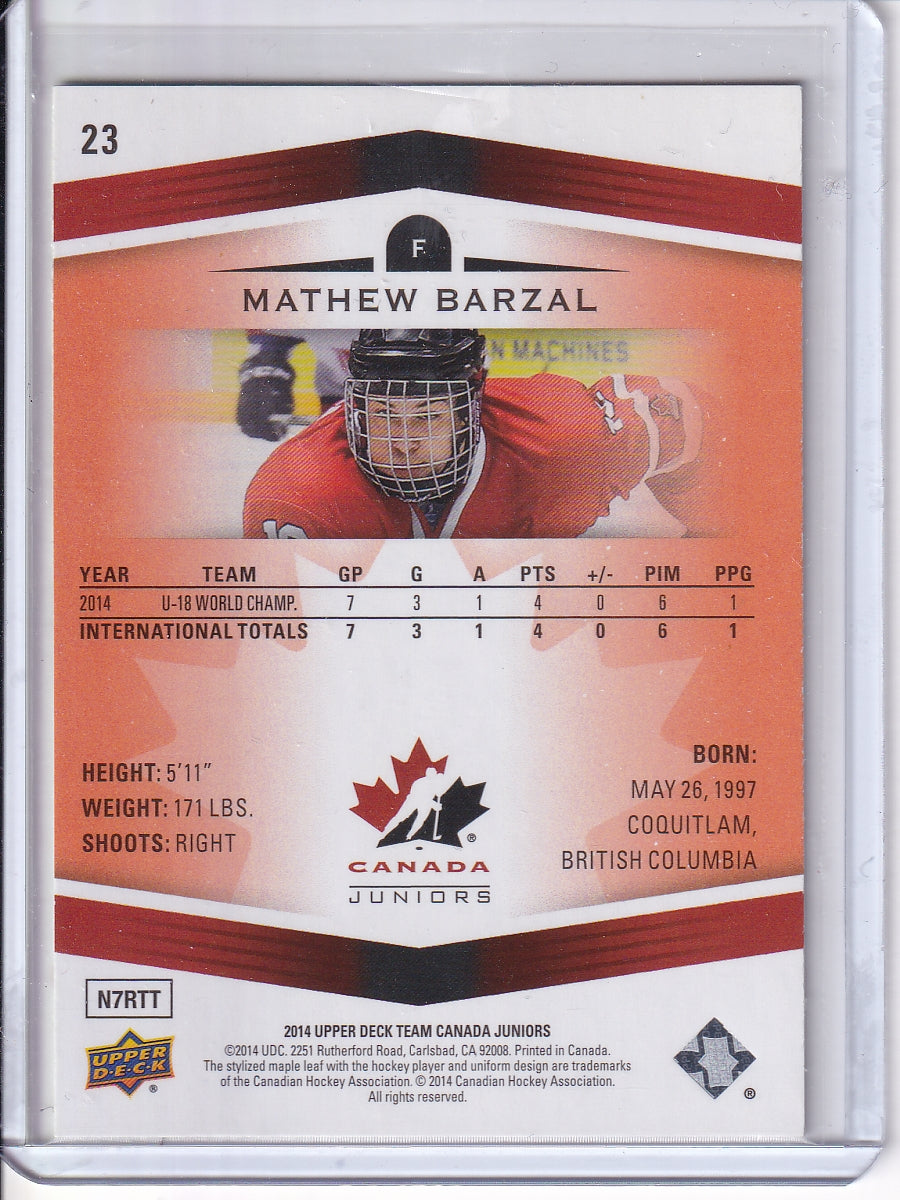 2014-15 UD Team Canada Exclusive Juniors #26 Mathew Barzal /199