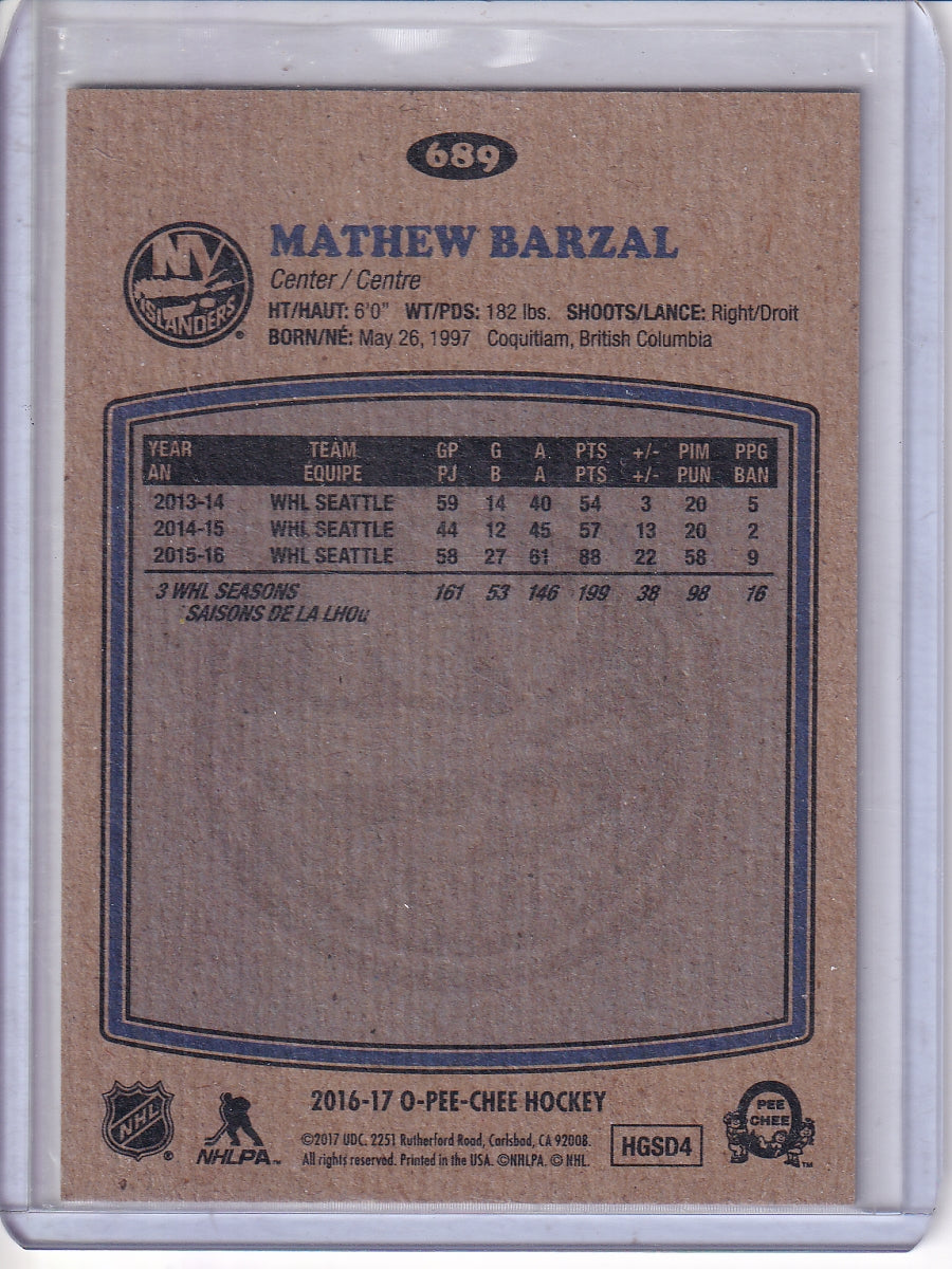 2016-17 Upper Deck #689 Mathew Barzal 2016-17 O-Pee-Chee Update Retro