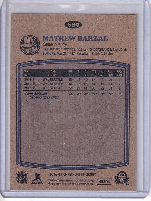 2016-17 Upper Deck #689 Mathew Barzal 2016-17 O-Pee-Chee Update Retro
