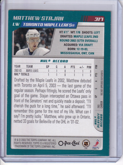 2003-04 Topps Matthew Stajan Rookie Card #317 003/100