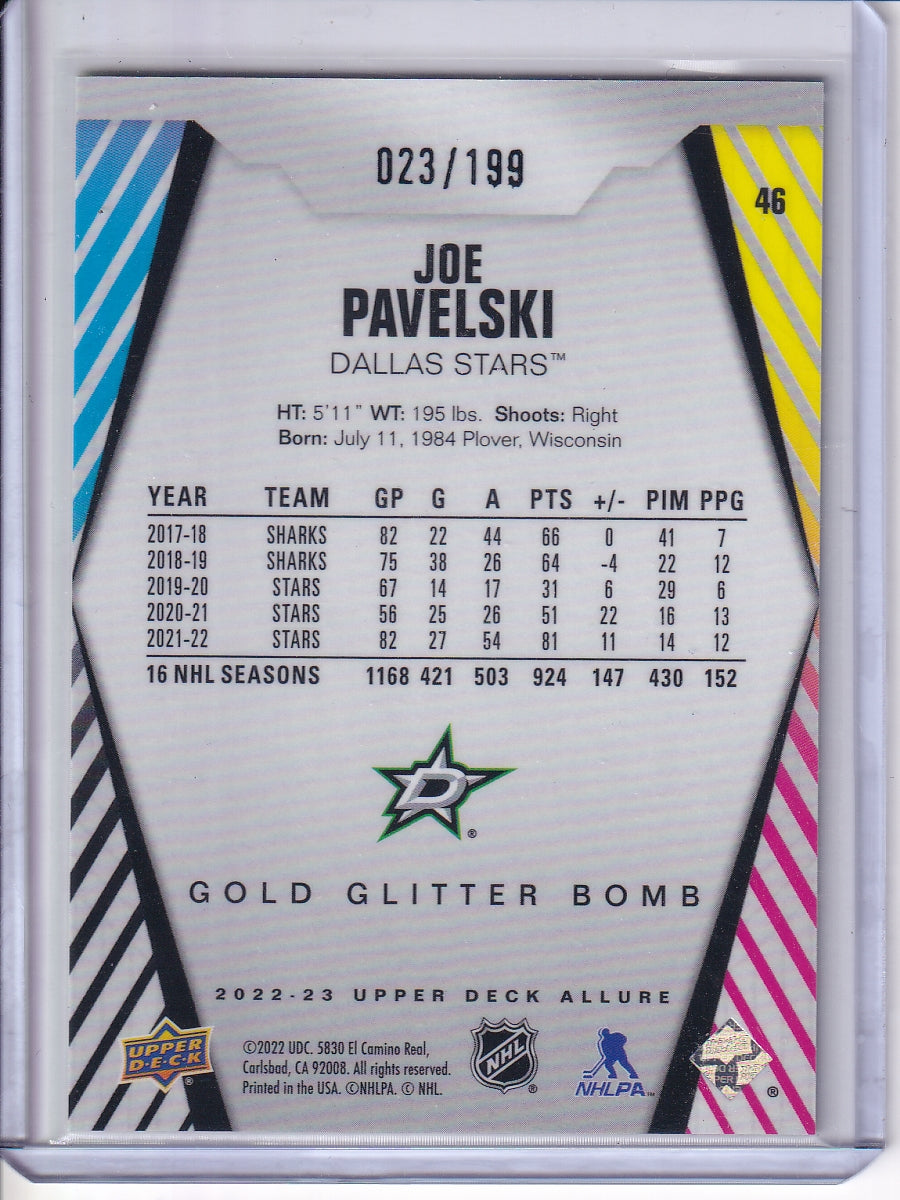 2022-23 Upper Deck Allure #46 Joe Pavelski Glitter Bomb Gold #/199