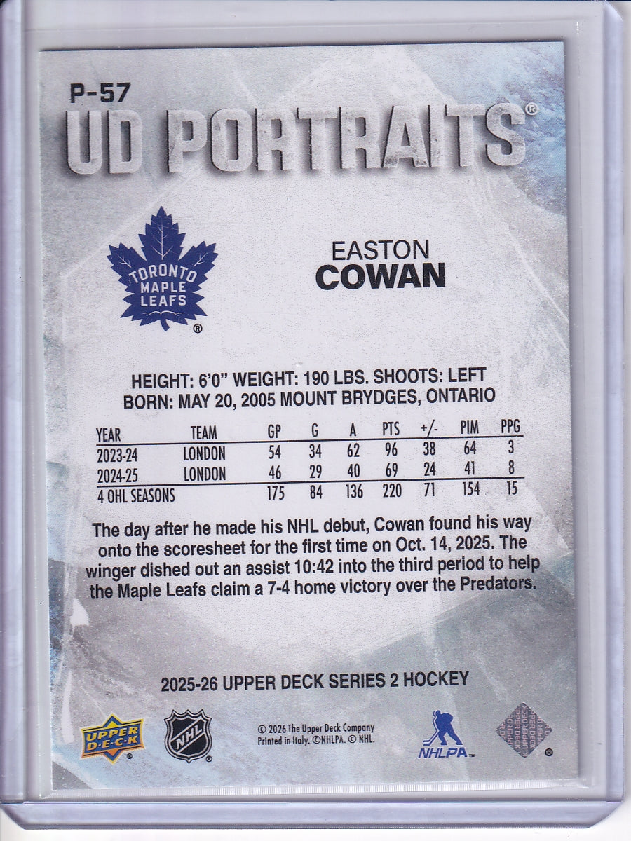 2025-26 Upper Deck #P-57 Easton Cowan UD Portraits