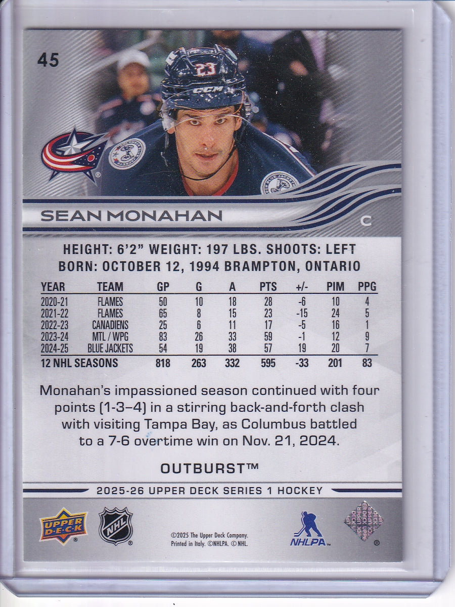 2025-26 Sean Monahan Upper Deck Series 1 Hockey Outburst #45