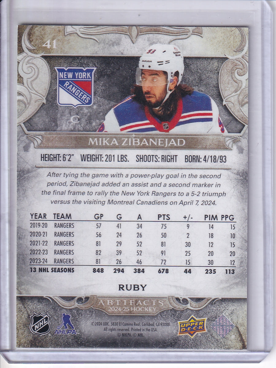 2024-25 Upper Deck Artifacts #41 Mika Zibanejad Ruby #/499