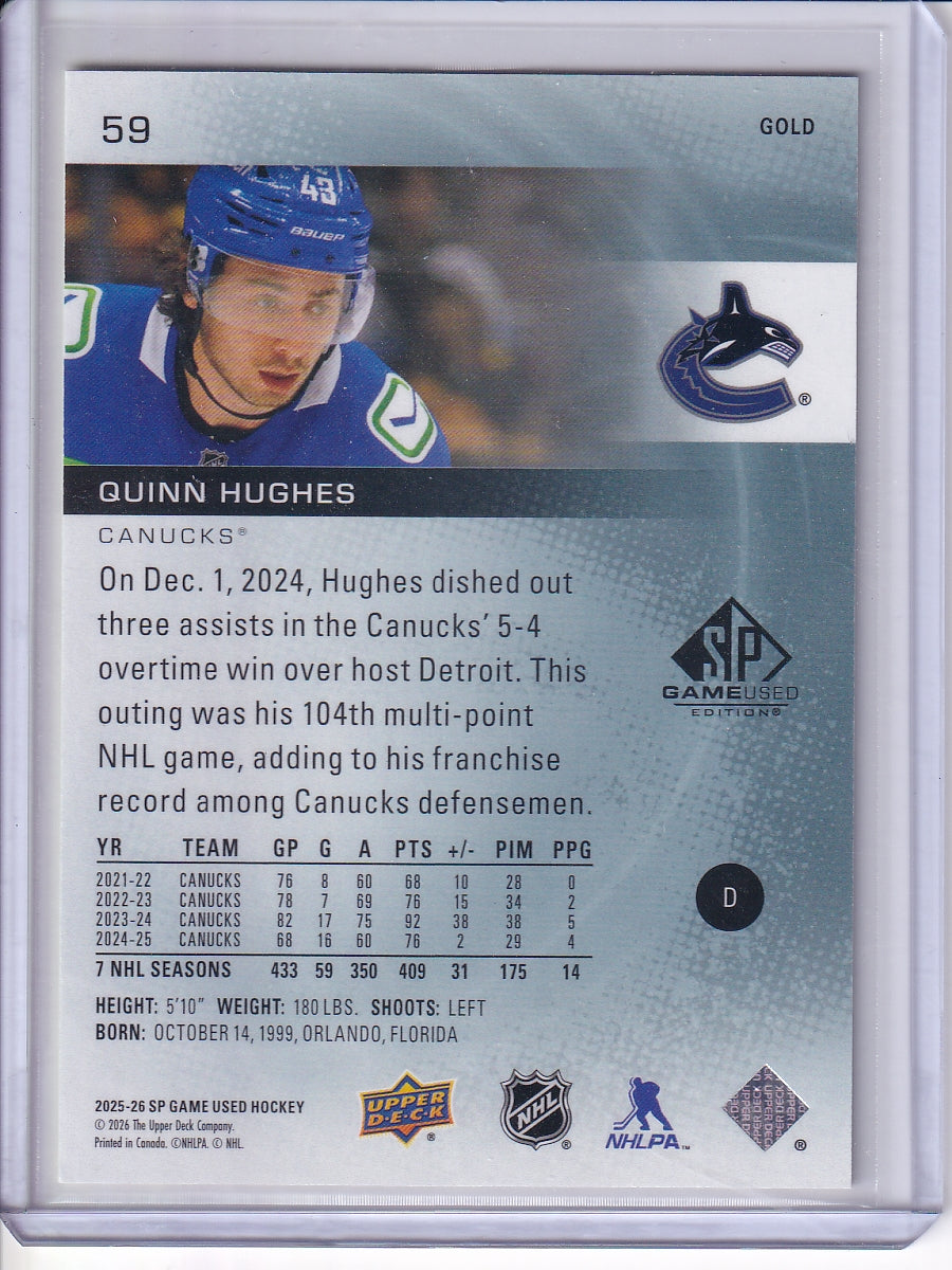 2025-26 SP Game Used #59 Quinn Hughes Gold 131/149