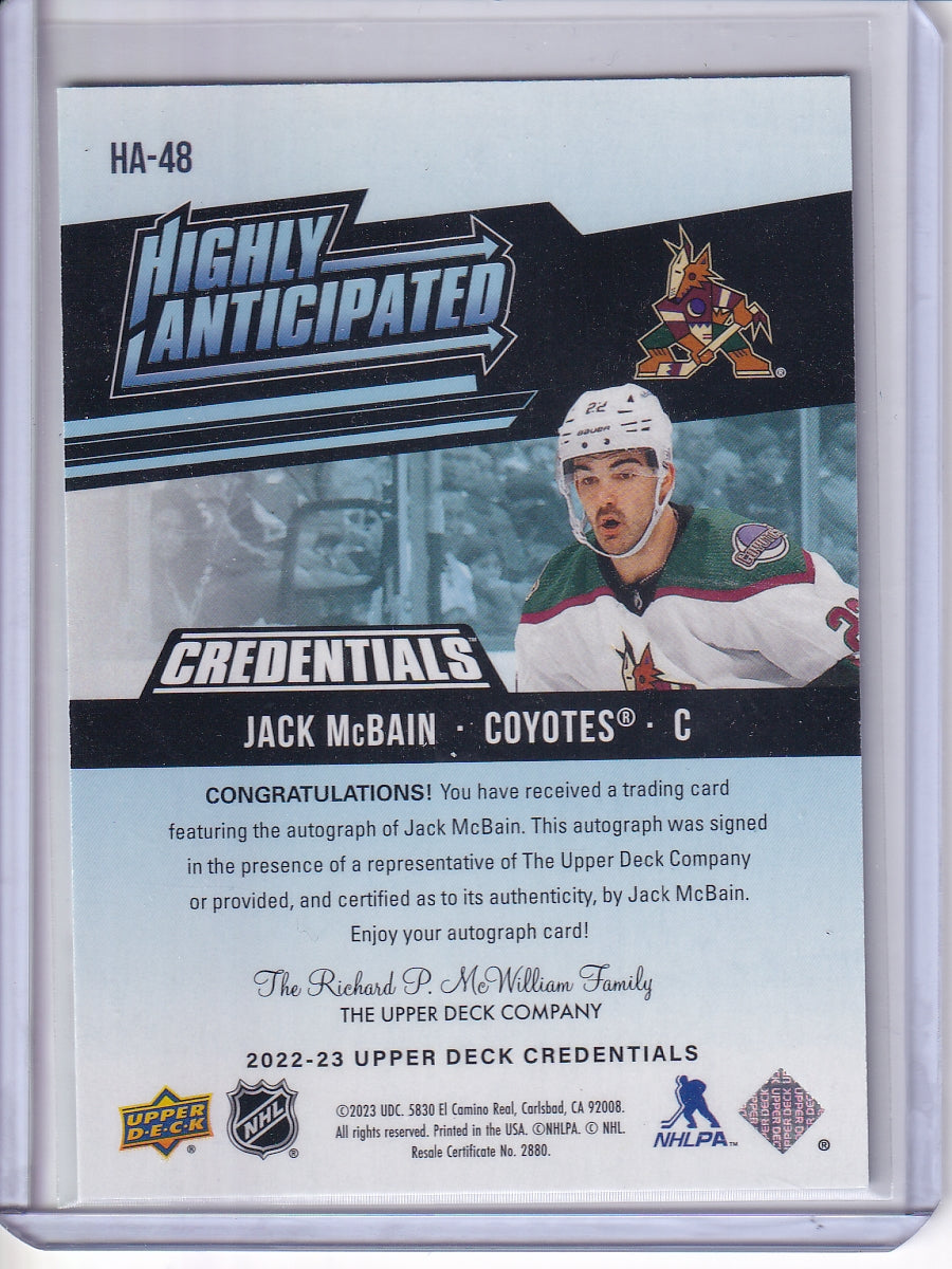 2022-23 Upper Deck Credentials #HA-48 Jack McBain Highly Anticipated Autographs