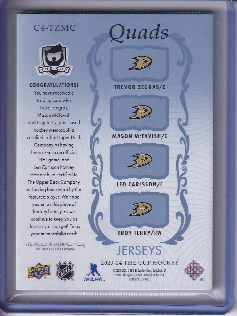 2023-24 UD The Cup #C4-TZMC Zegras /McTavish/Carlsson/Terry Quads Jersey 16/25