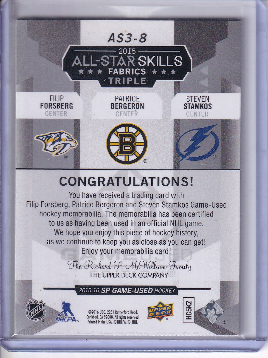 2015-16 SP Game Used #AS3-8 Forsberg/Bergeron /Stamkos All-Star Skills Fabrics