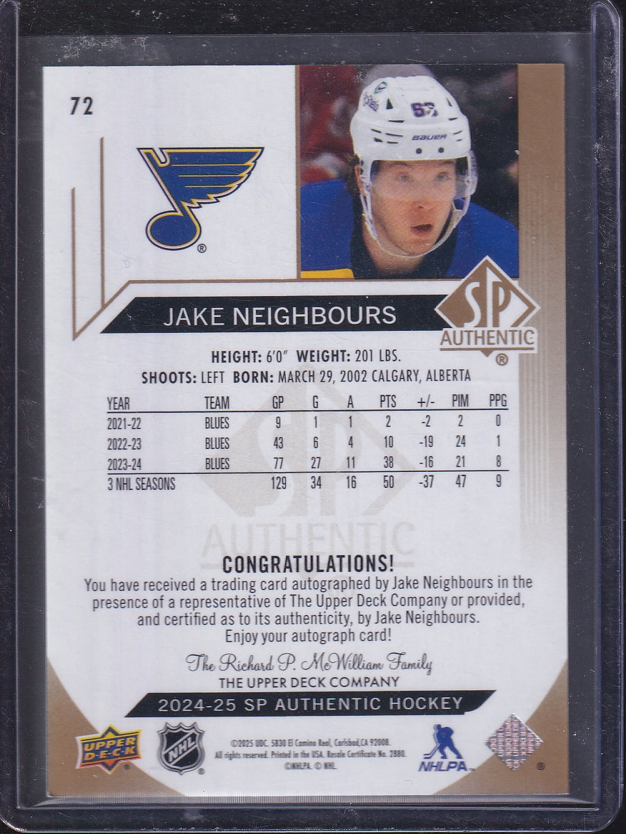 2024-25 SP Authentic #72 Jake Neighbours Auto Limited