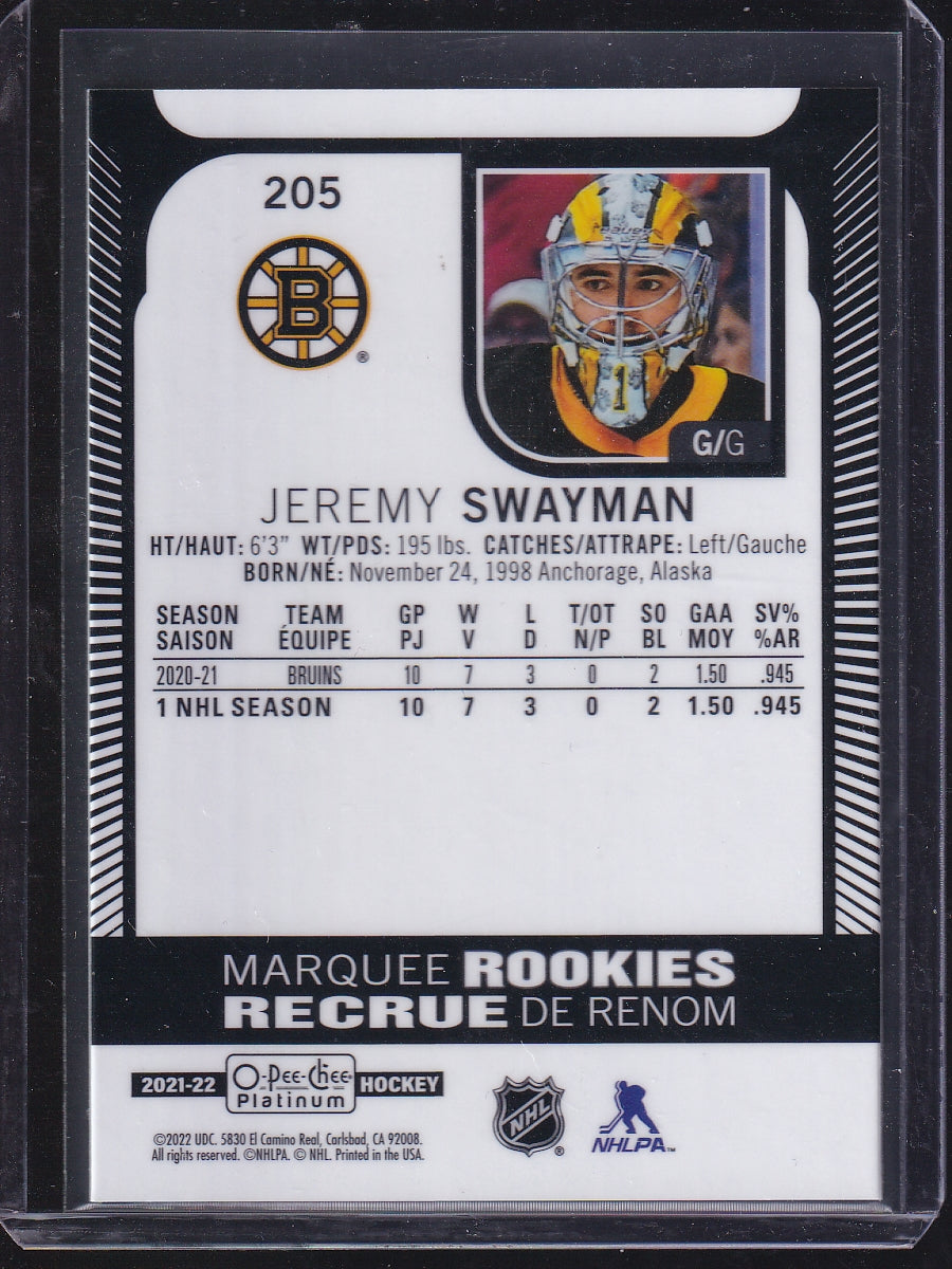 2021-22 O-Pee-Chee Platinum #205 Jeremy Swayman