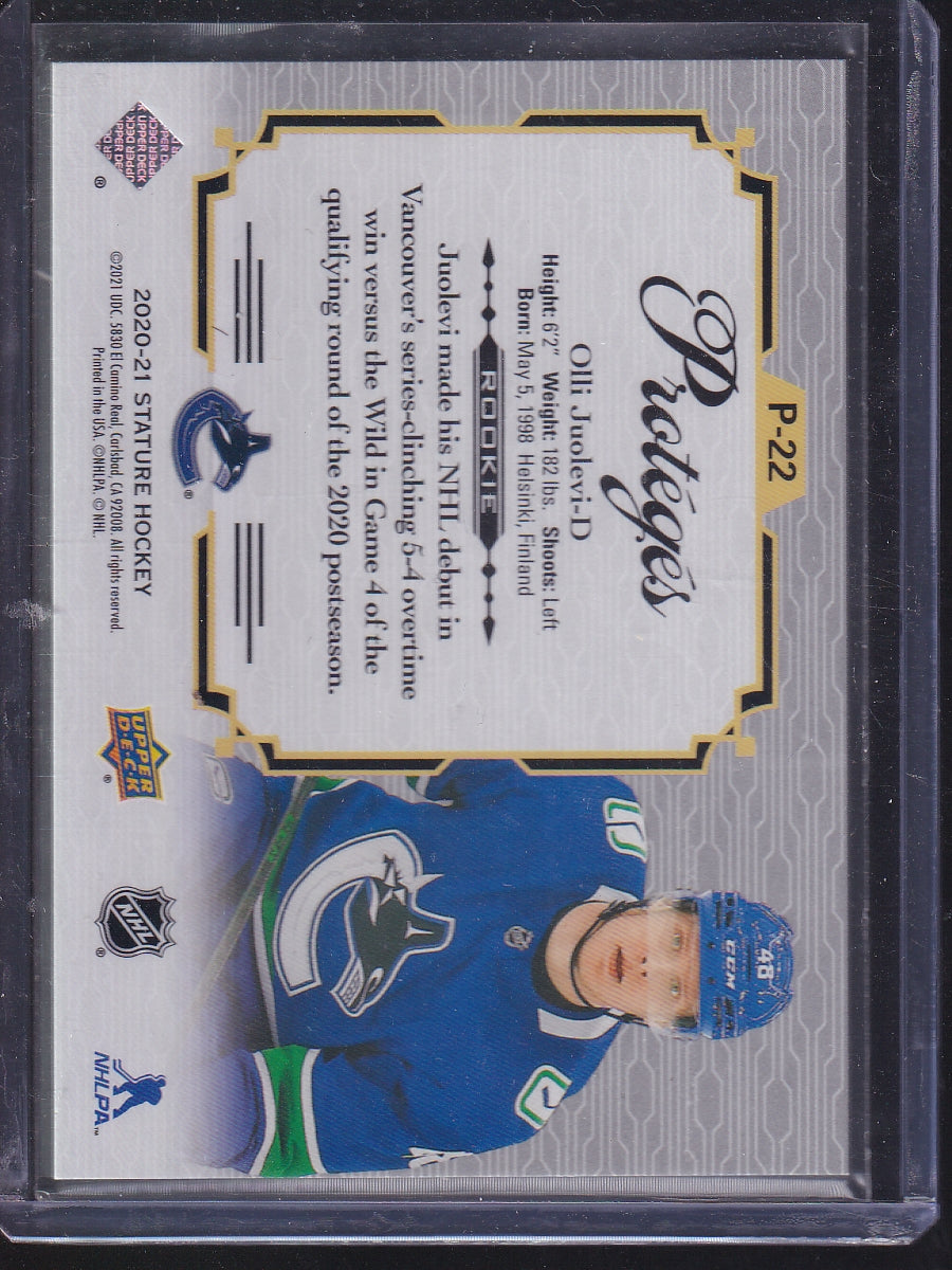 2020-21 Upper Deck Stature #P-22 Olli Juolevi Proteges Green #/149