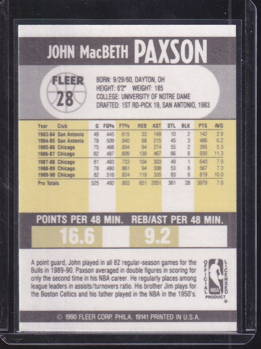 1990-91 Fleer #28b John Paxson