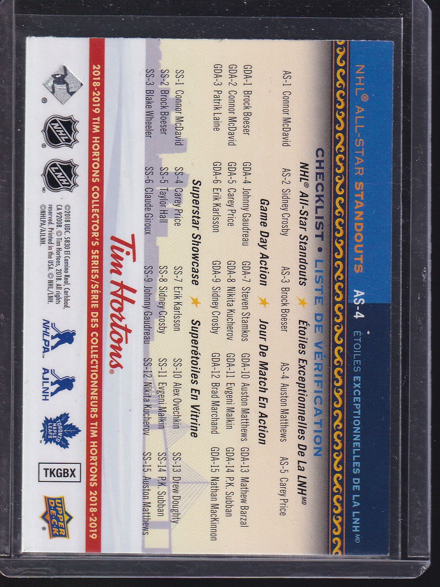 2018-19 Upper Deck Tim Hortons #AS-4 Auston Matthews NHL All-Star Standouts