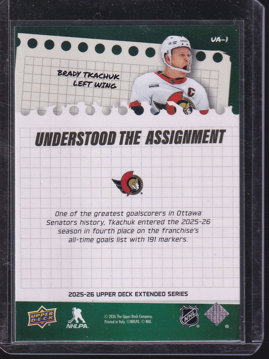 2025-26 Upper Deck #UA-1 Brady Tkachuk Understood the Assignment Speckle