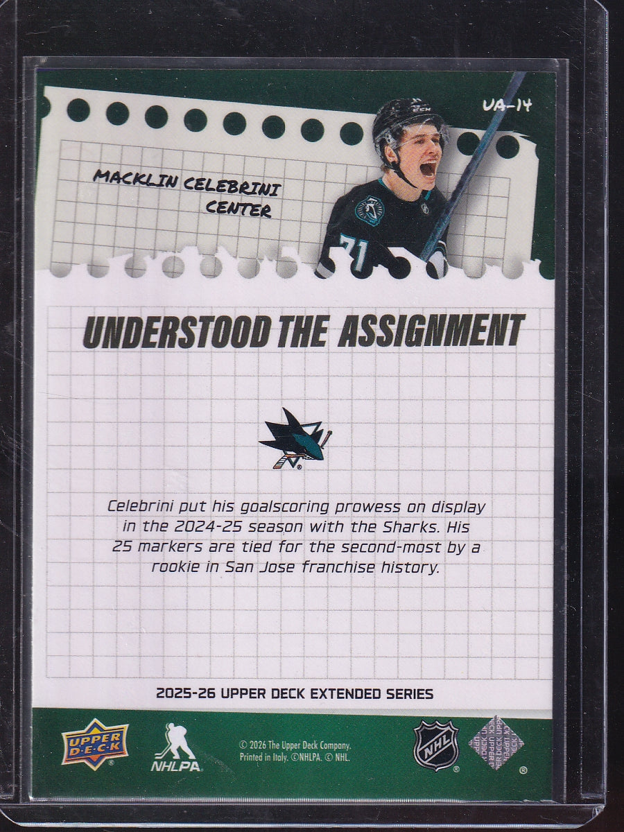 2025-26 Upper Deck #UA-14 Macklin Celebrini Understood the Assignment