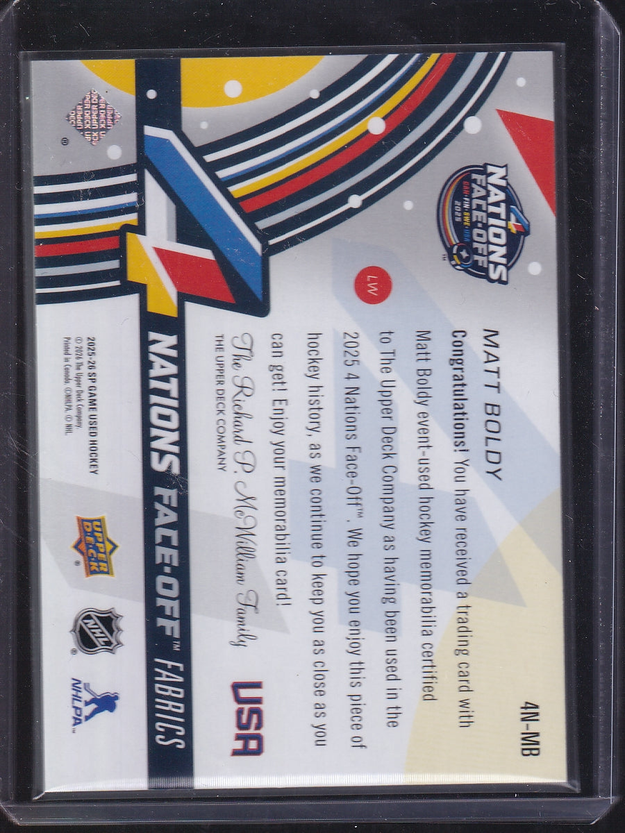 2025-26 SP Game Used #4N-MB Matt Boldy 4 Nations Face-Off Fabrics