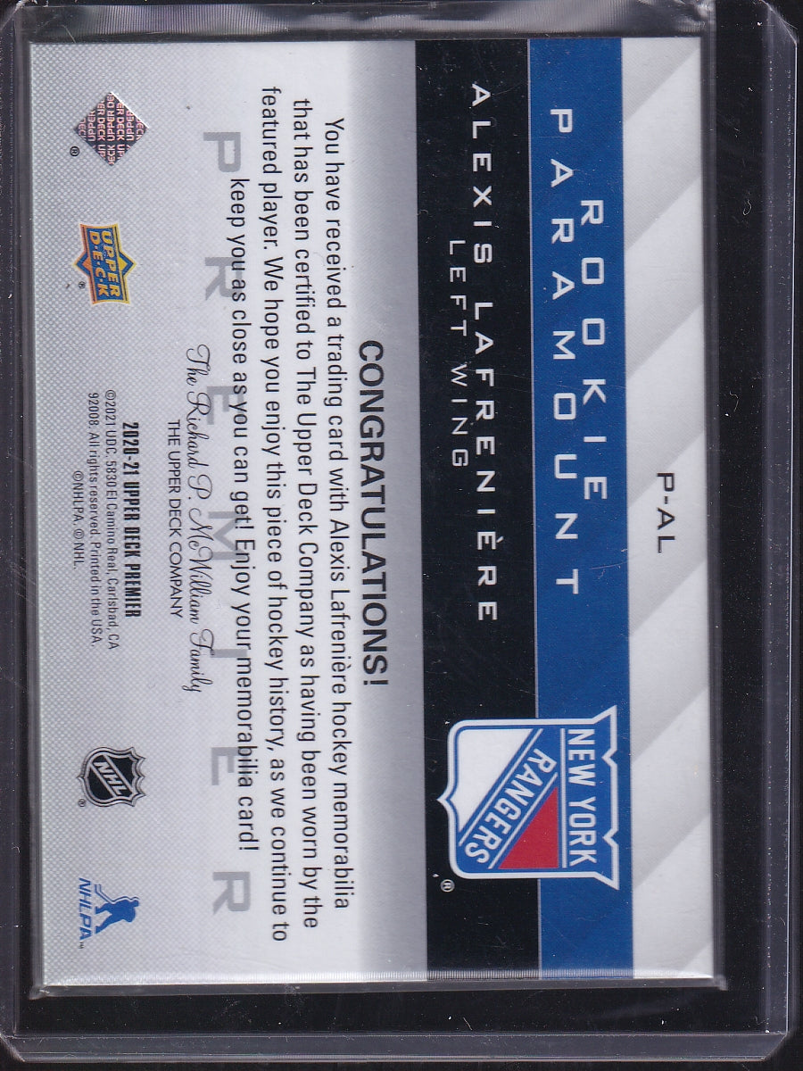 2020-21 Upper Deck Premier #P-AL Alexis Lafreniere Rookie Paramount Jersey