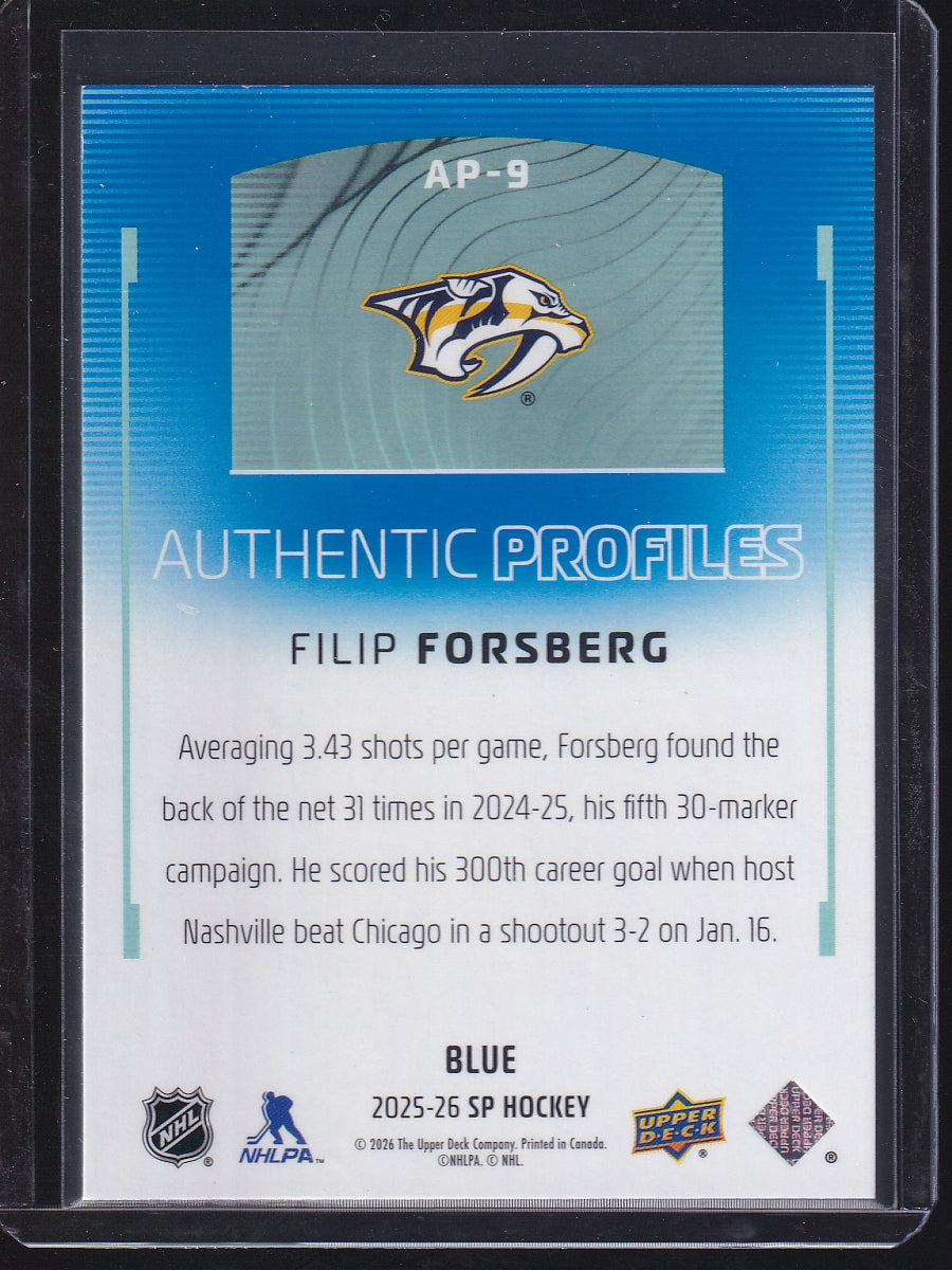 2025-26 SP #AP-9 Filip Forsberg Authentic Profiles Blue