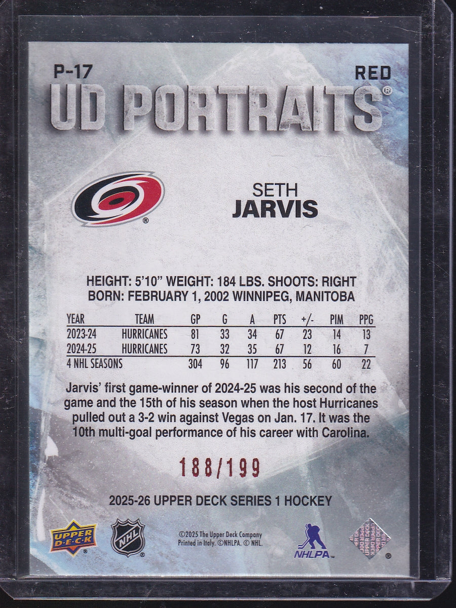 2025-26 Upper Deck #P-17 Seth Jarvis UD Portraits Red #/199