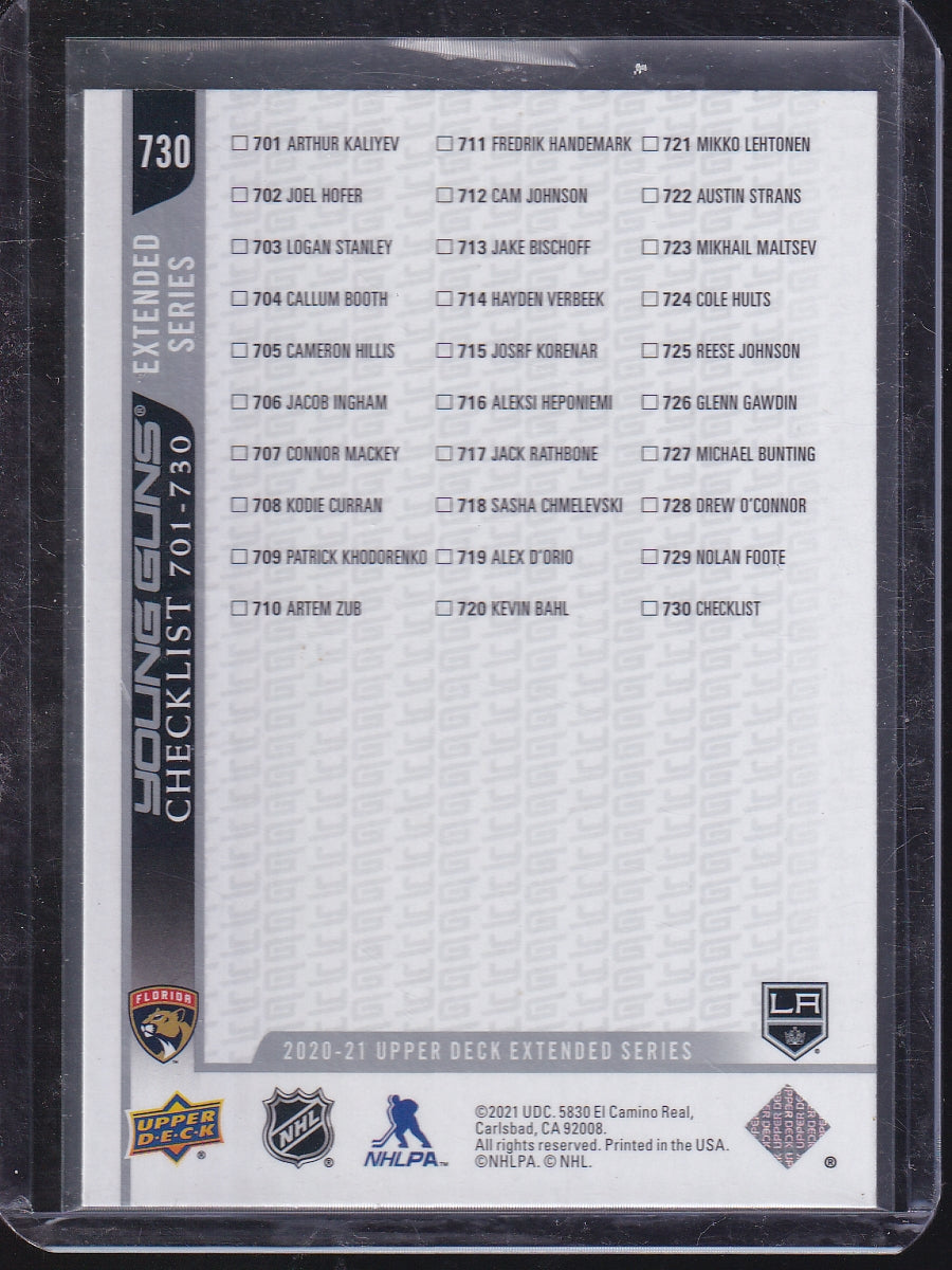 2020-21 Upper Deck #730 Young Guns Checklist (Aleksi Heponiemi / Arthur Kaliyev)