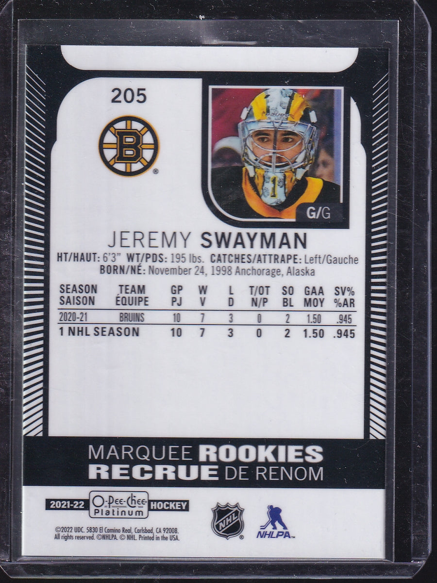 2021-22 O-Pee-Chee Platinum #205 Jeremy Swayman