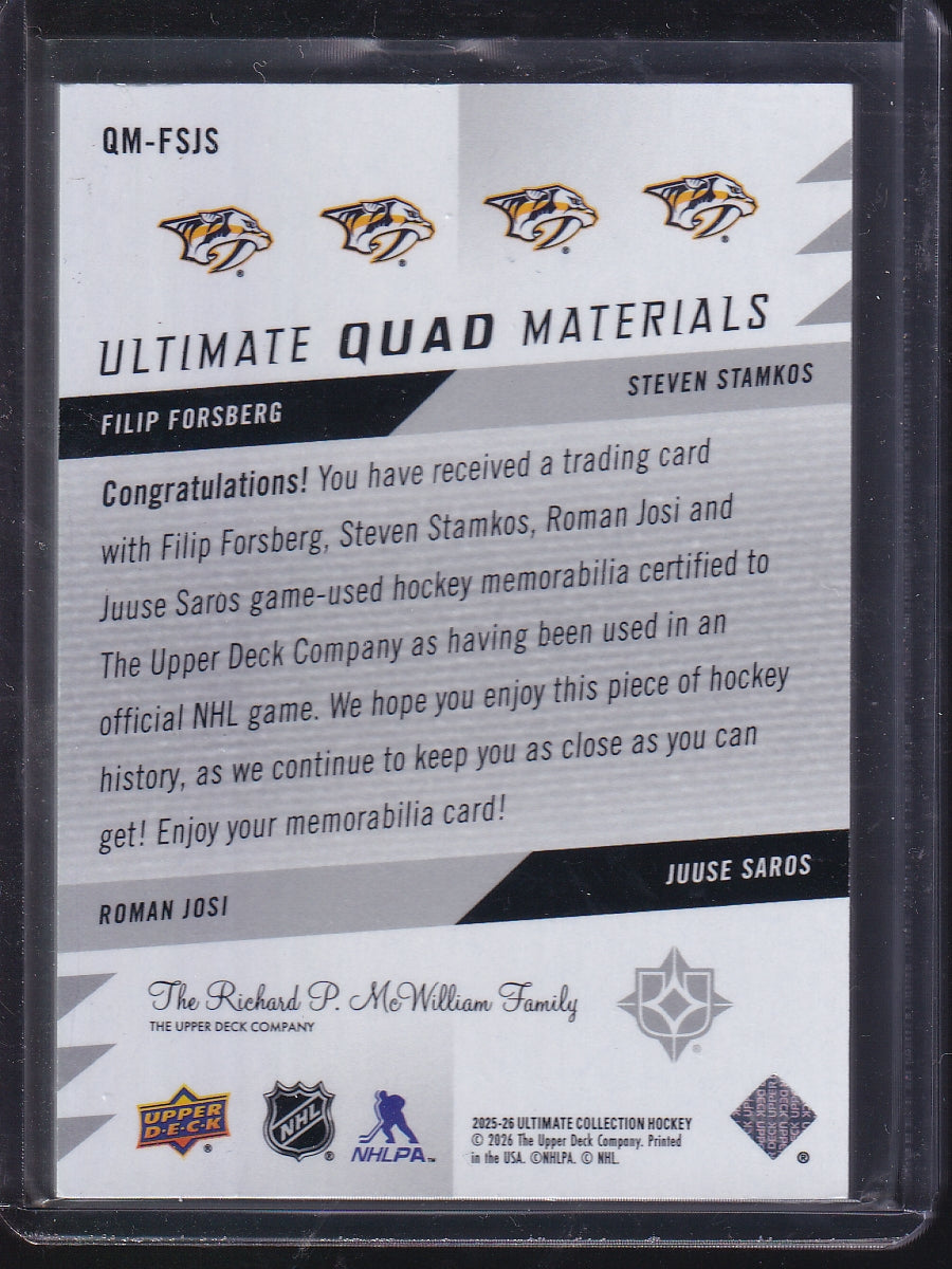 2025-26 UD Ultimate #QM-FSJS Forsberg/Saros/Josi/Stamkos Quad Jersey /149