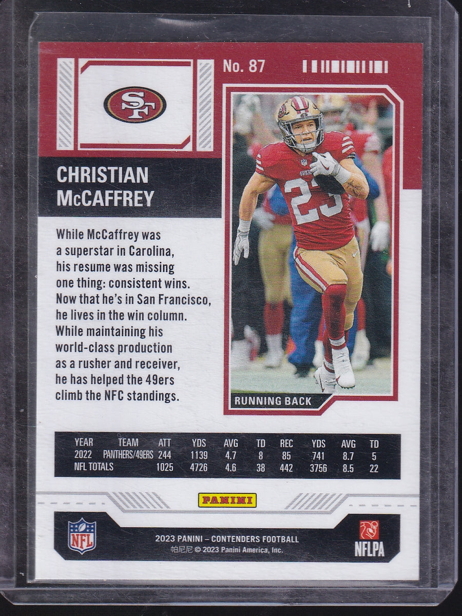 2023 Panini Contenders #87 Christian McCaffrey Game Ticket Blue #/499