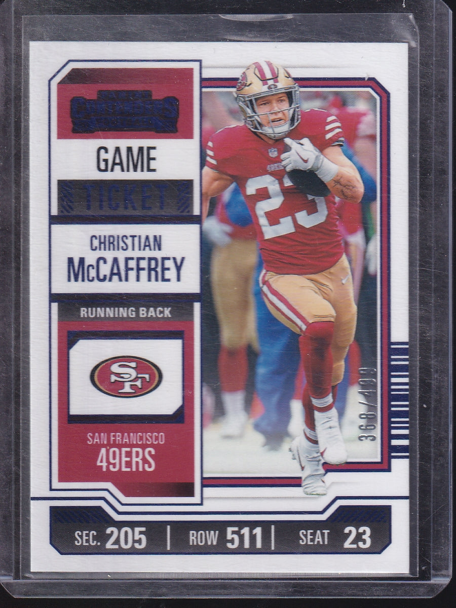 2023 Panini Contenders #87 Christian McCaffrey Game Ticket Blue #/499