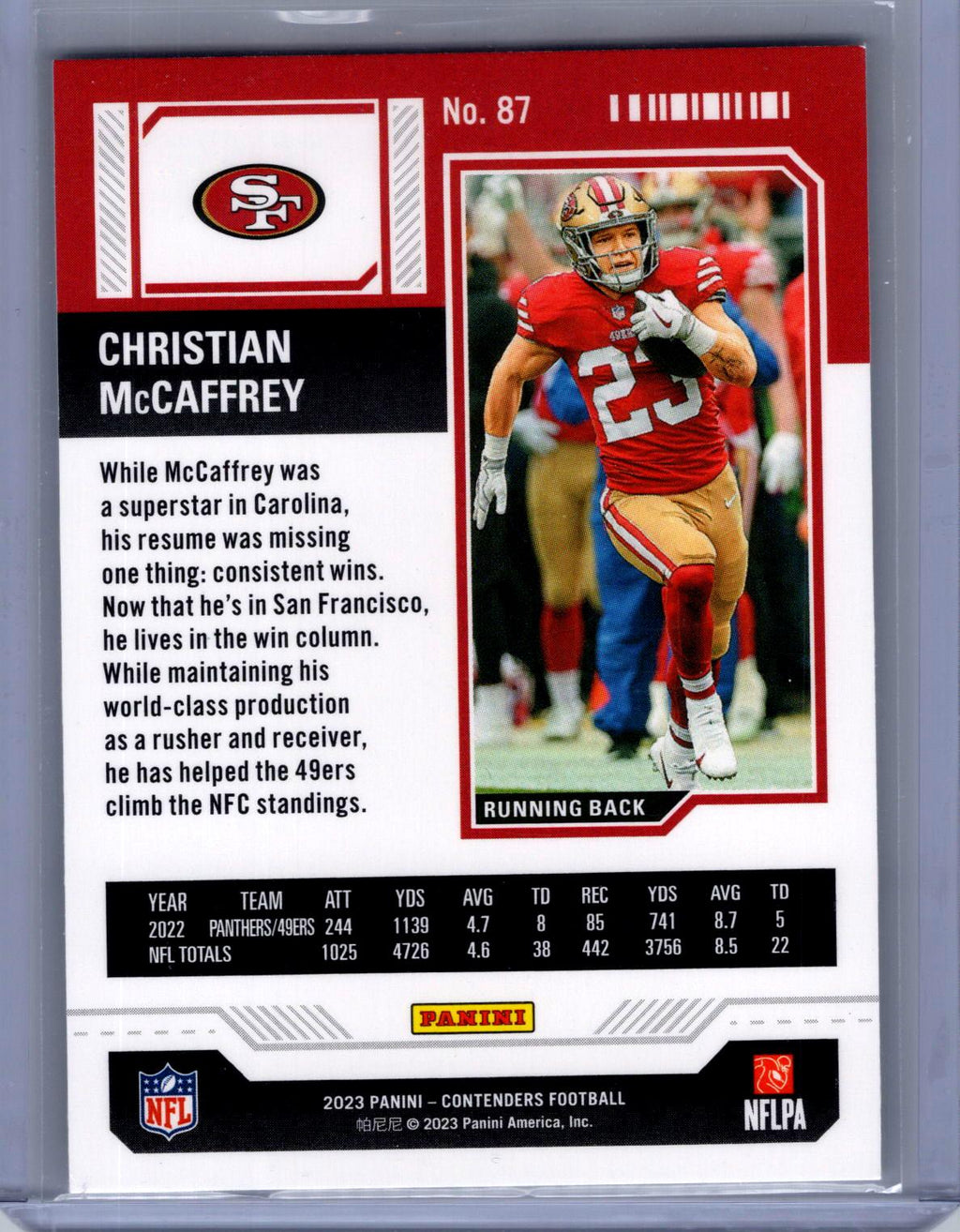 2023 Panini Contenders #87 Christian McCaffrey Game Ticket Blue #/499