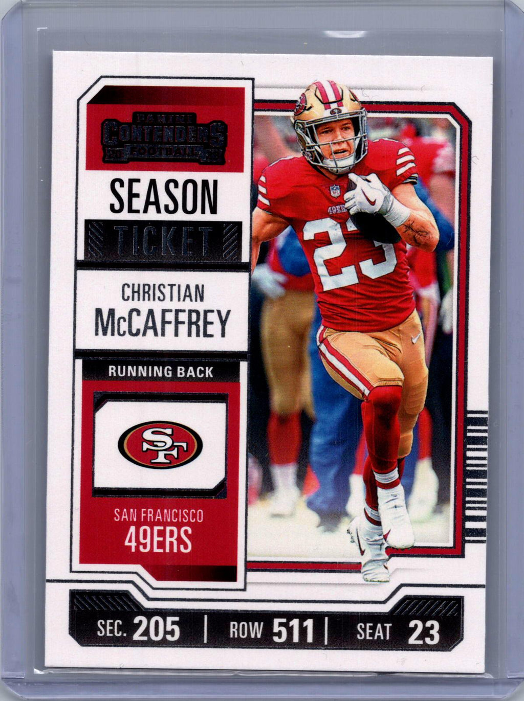 2023 Panini Contenders #87 Christian McCaffrey Game Ticket Blue #/499