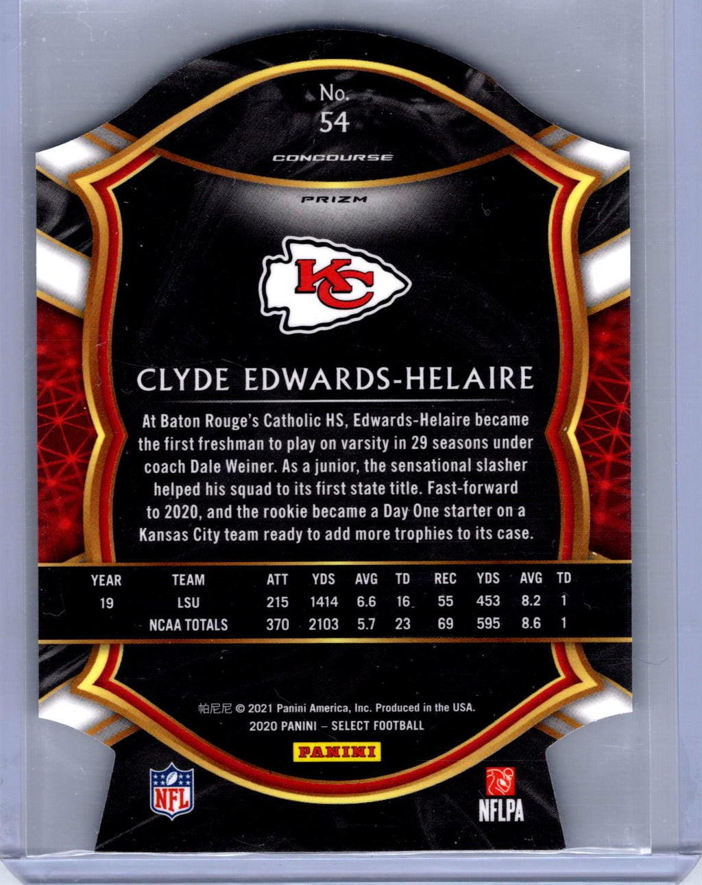 2020 Panini Select #54 Clyde Edwards-Helaire Purple Prizm Die Cut