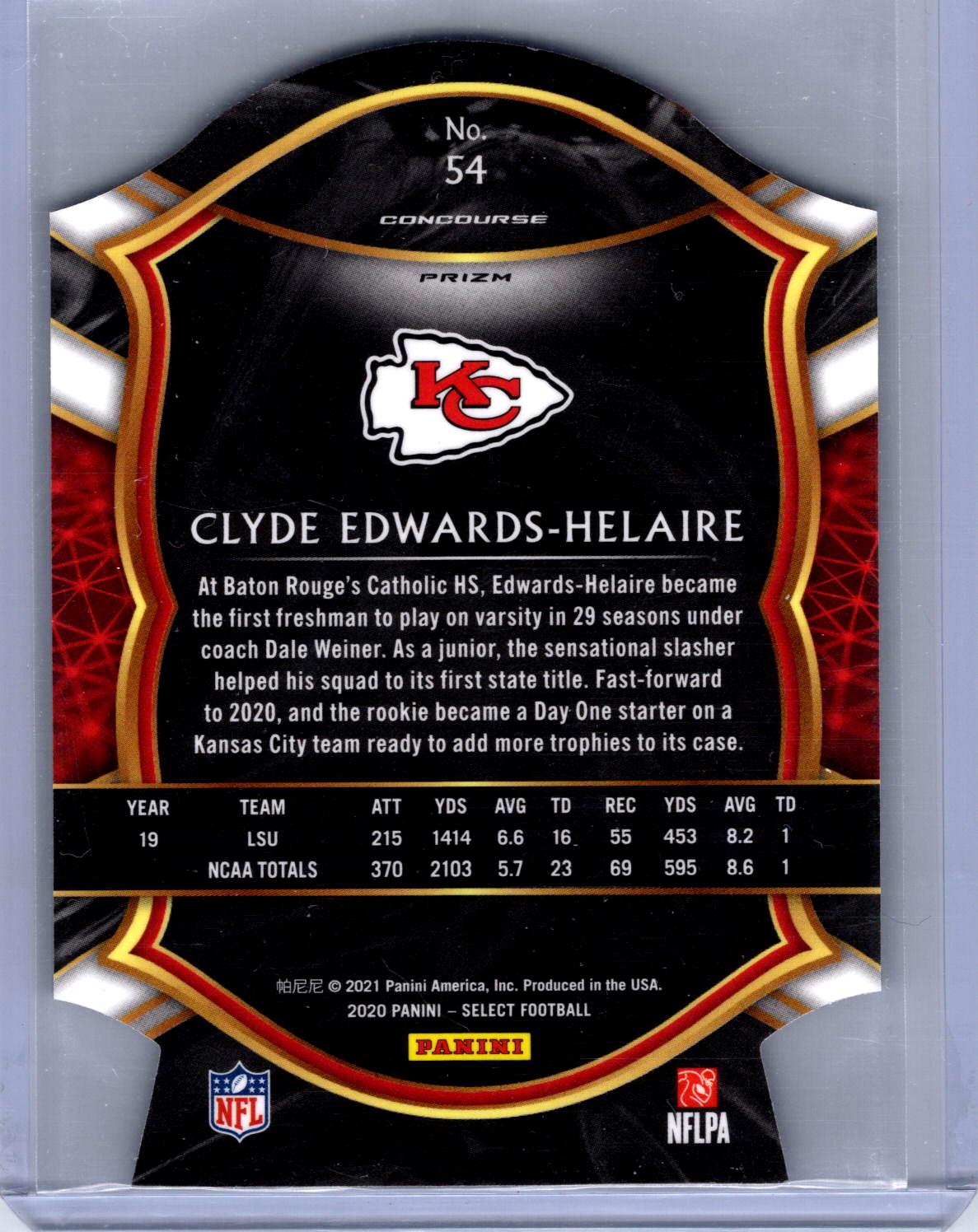 2020 Panini Select #54 Clyde Edwards-Helaire Purple Prizm Die Cut