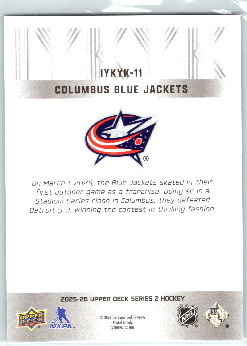 2025-26 Upper Deck #IYKYK-11 Columbus Blue Jackets IYKYK