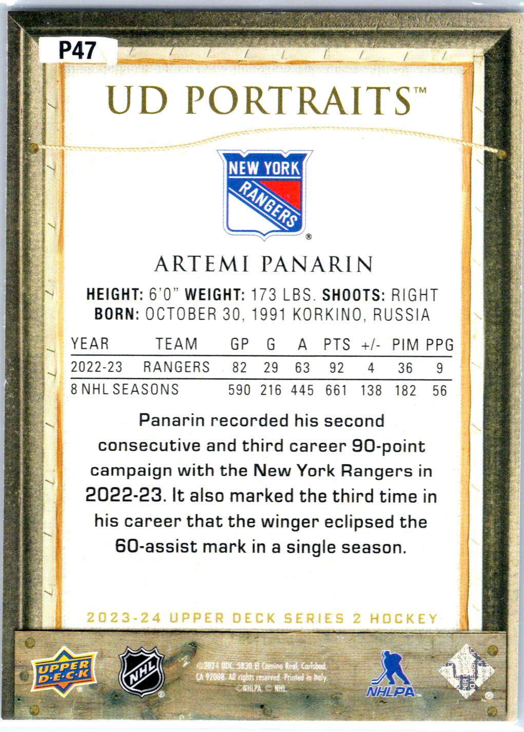 2023-24 Upper Deck #P47 Artemi Panarin UD Portraits