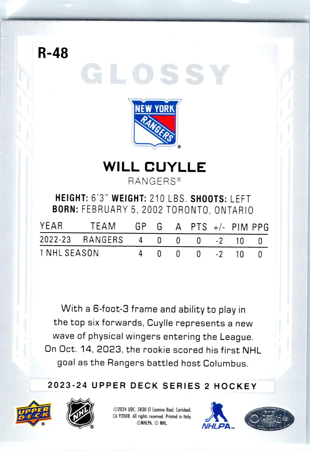 2023-24 Upper Deck #R-48 Will Cuylle O-Pee-Chee Glossy