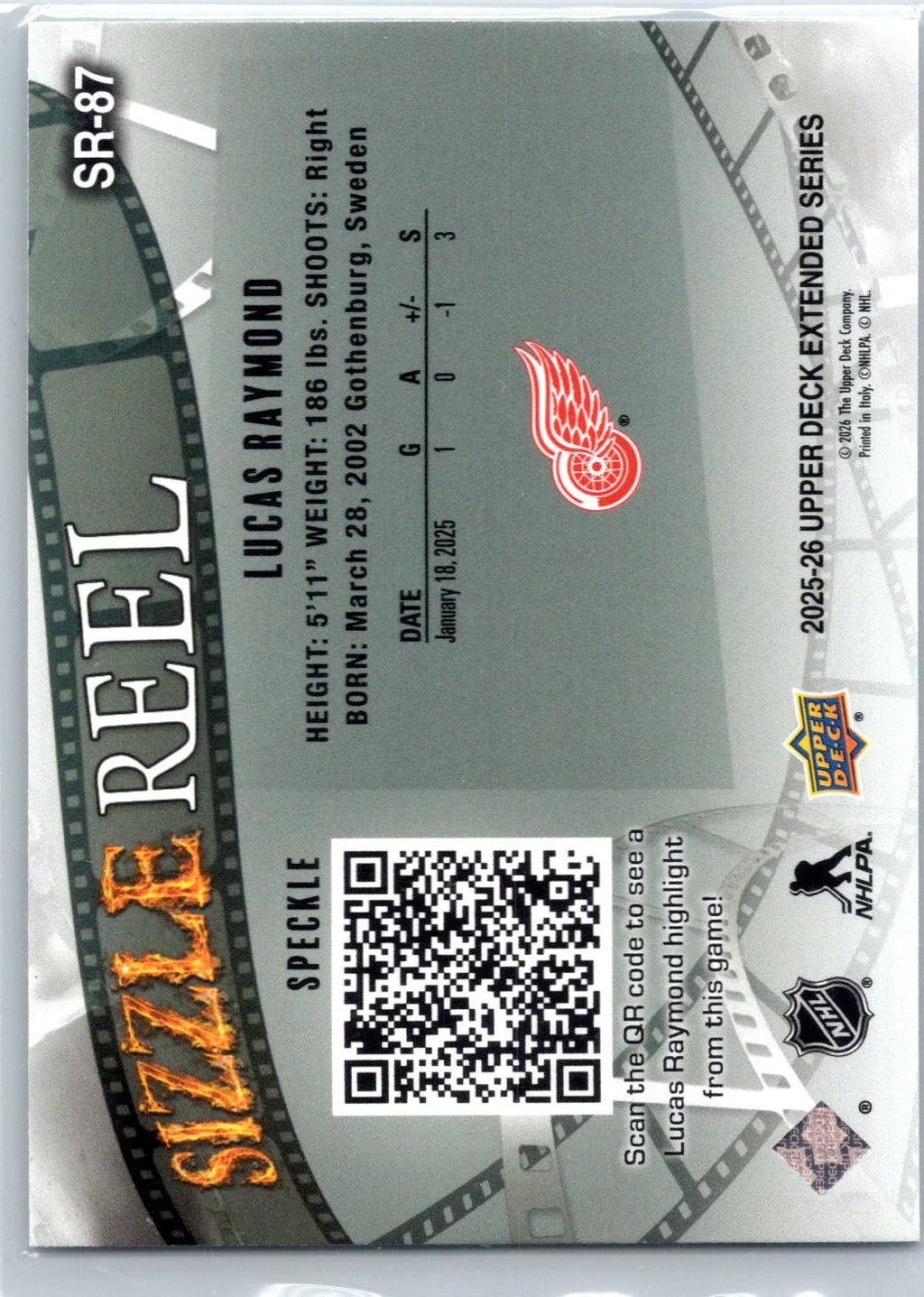 2025-26 Upper Deck #SR-87 Lucas Raymond Sizzle Reel Speckle