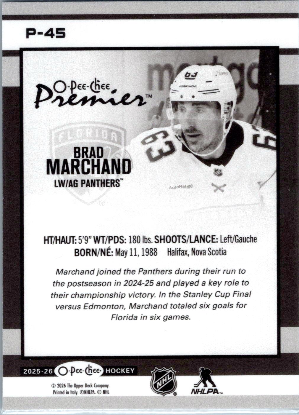 2025-26 O-Pee-Chee #P-45 Brad Marchand O-Pee-Chee Premier