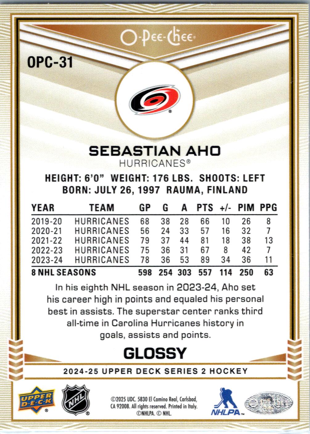 2024-25 Upper Deck #OPC-31 Sebastian Aho O-Pee-Chee Glossy Gold