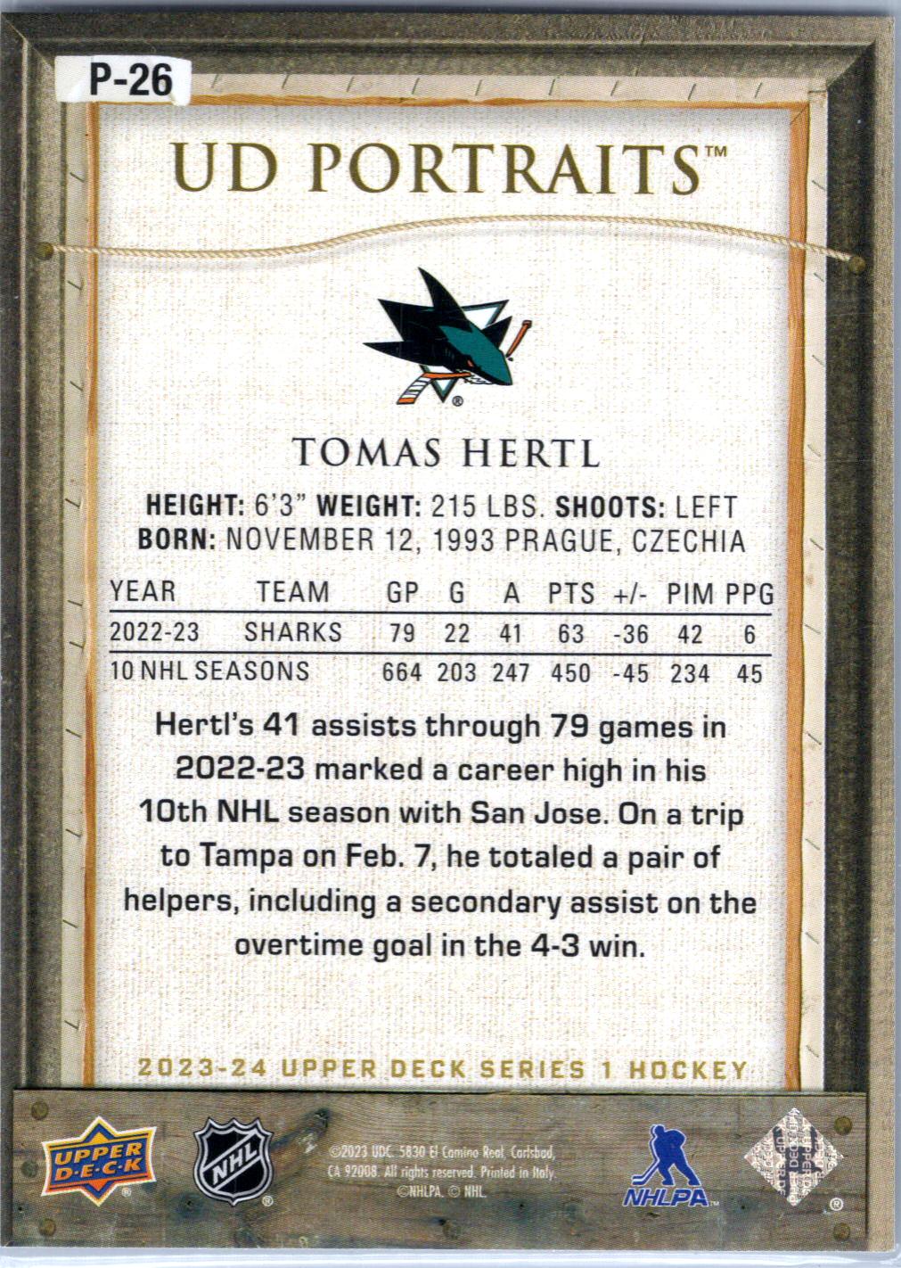 2023-24 Upper Deck #P-26 Tomas Hertl UD Portraits