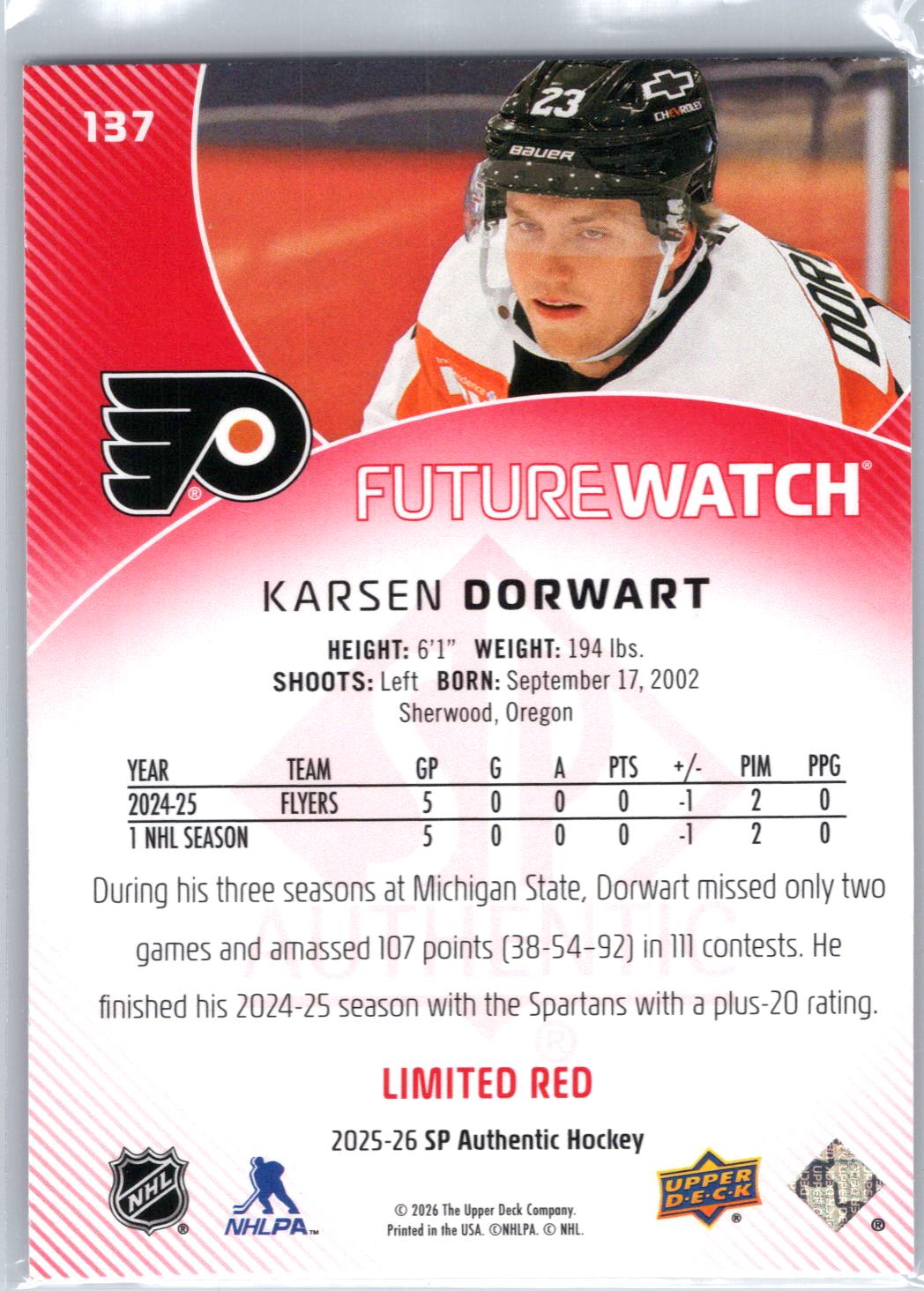 2025-26 SP Authentic #137 Karsen Dorwart Limited Red