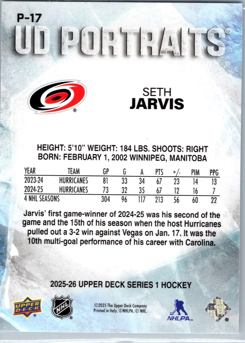 2025-26 Upper Deck #P-17 Seth Jarvis UD Portraits