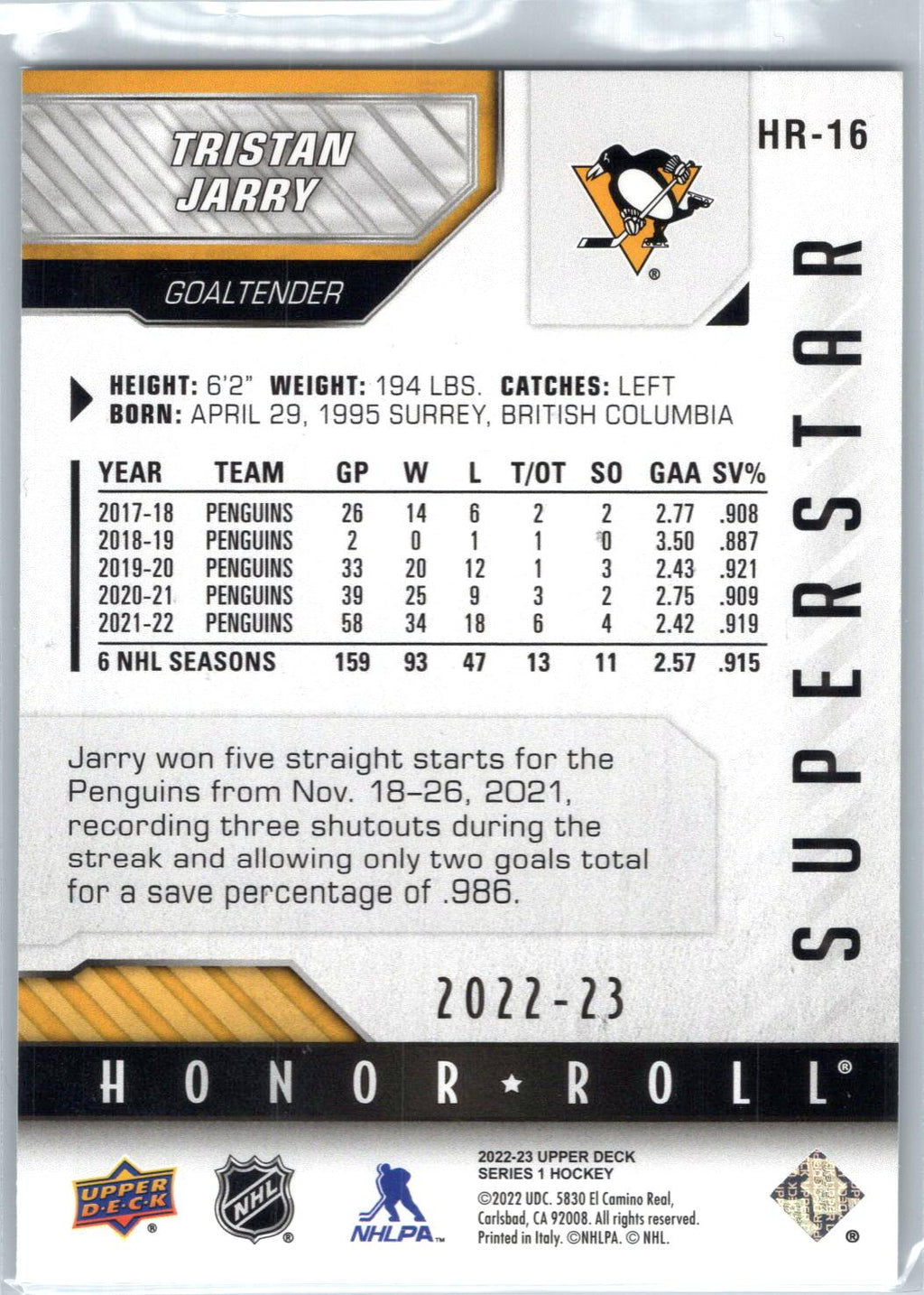 2022-23 Upper Deck #HR-16 Tristan Jarry Honor Roll