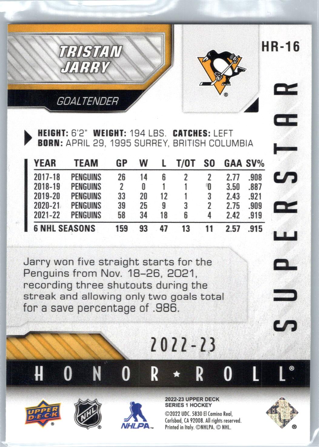 2022-23 Upper Deck #HR-16 Tristan Jarry Honor Roll