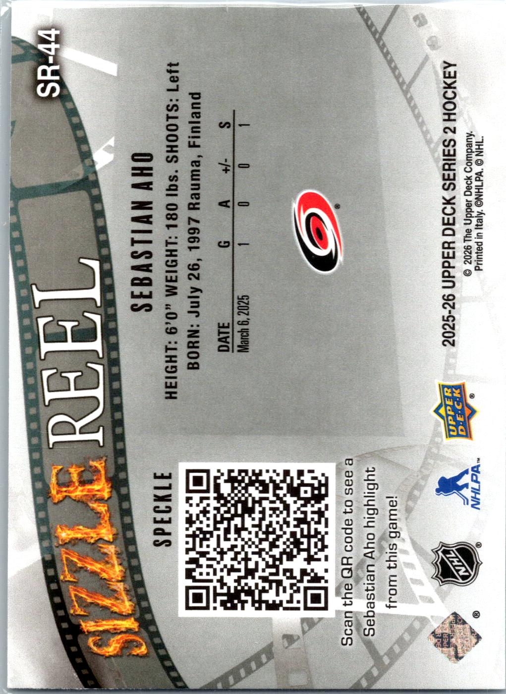 2025-26 Upper Deck #SR-44 Sebastian Aho Sizzle Reel Speckle