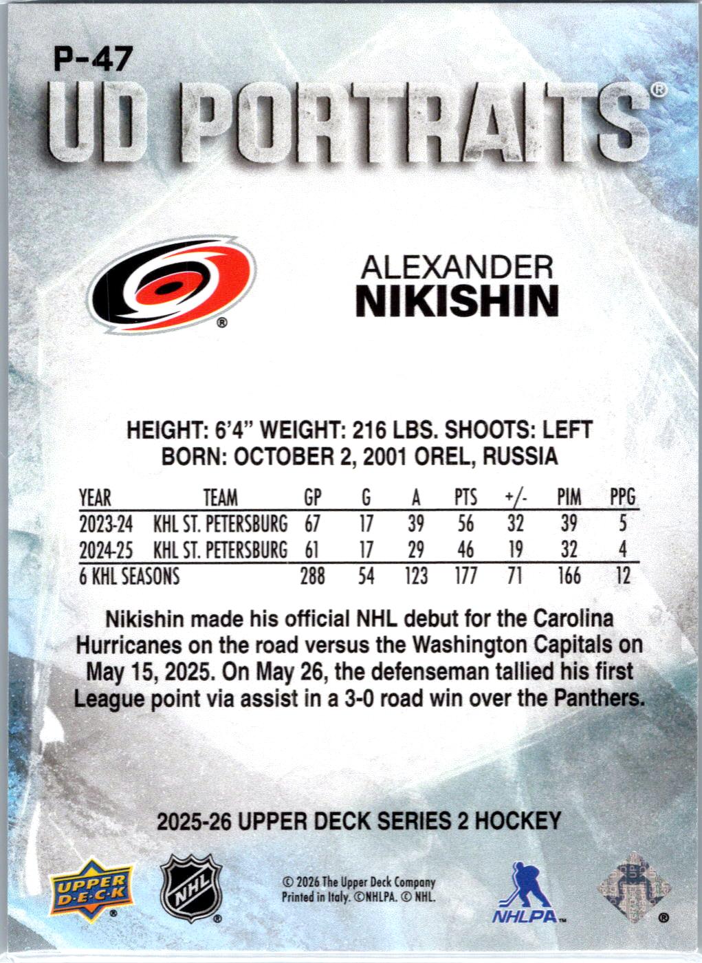 2025-26 Upper Deck #P-47 Alexander Nikishin UD Portraits