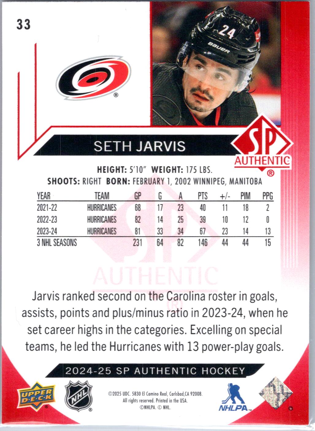 2024-25 SP Authentic #33 Seth Jarvis Limited Red