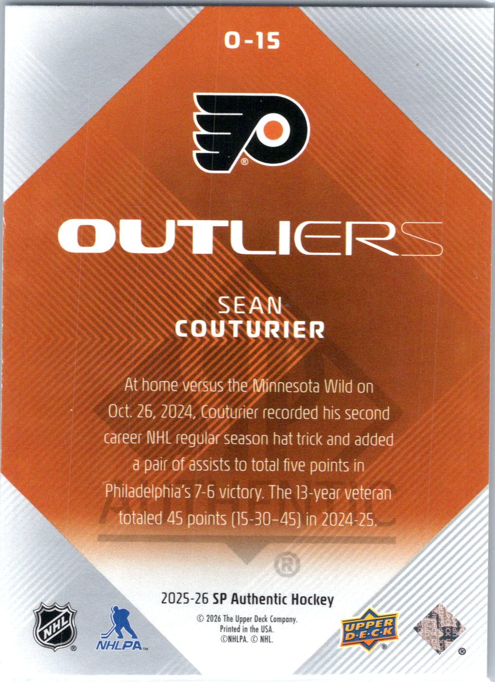 2025-26 SP Authentic #O-15 Sean Couturier Outliers
