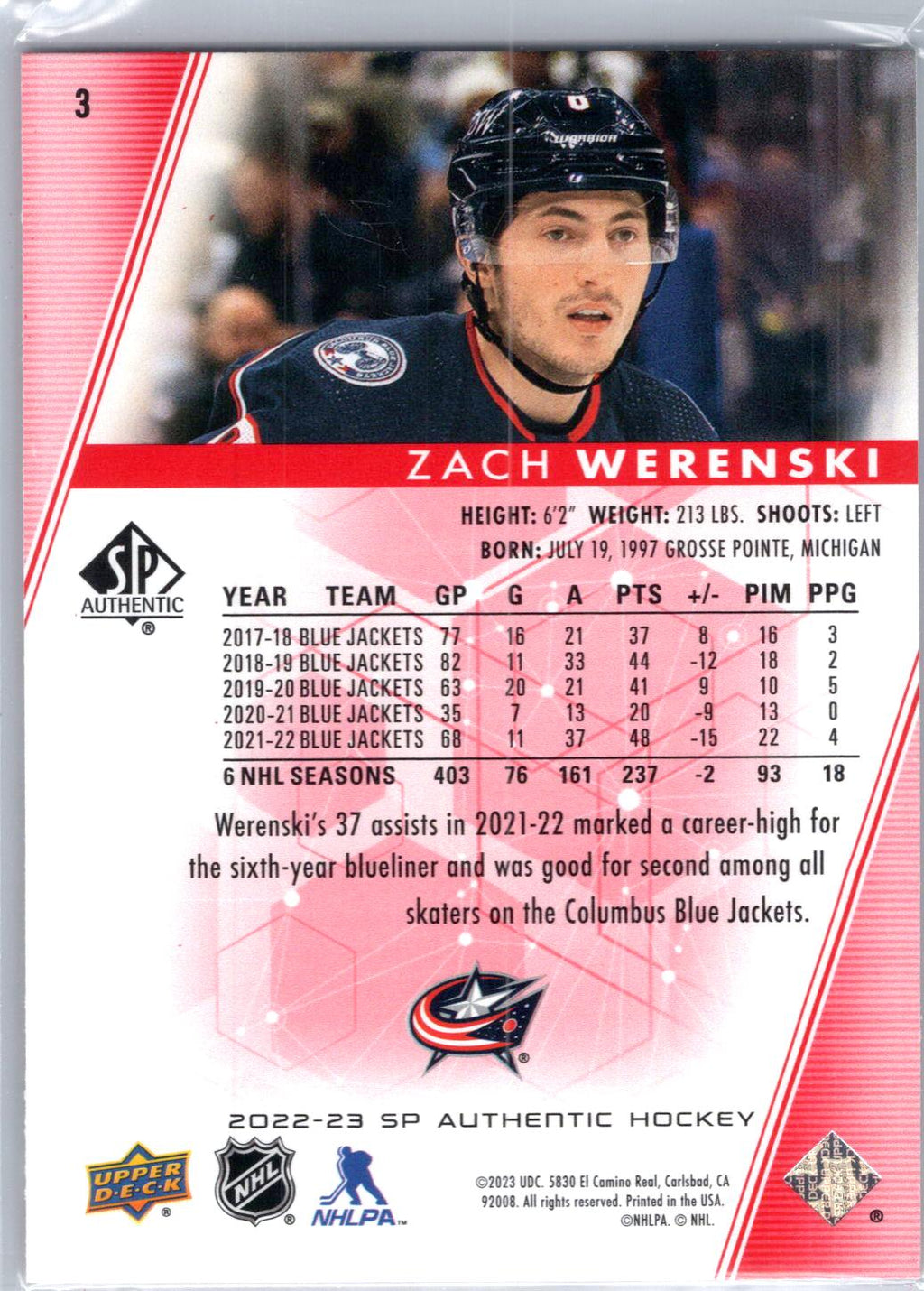 2022-23 SP Authentic #3 Zach Werenski Limited Red