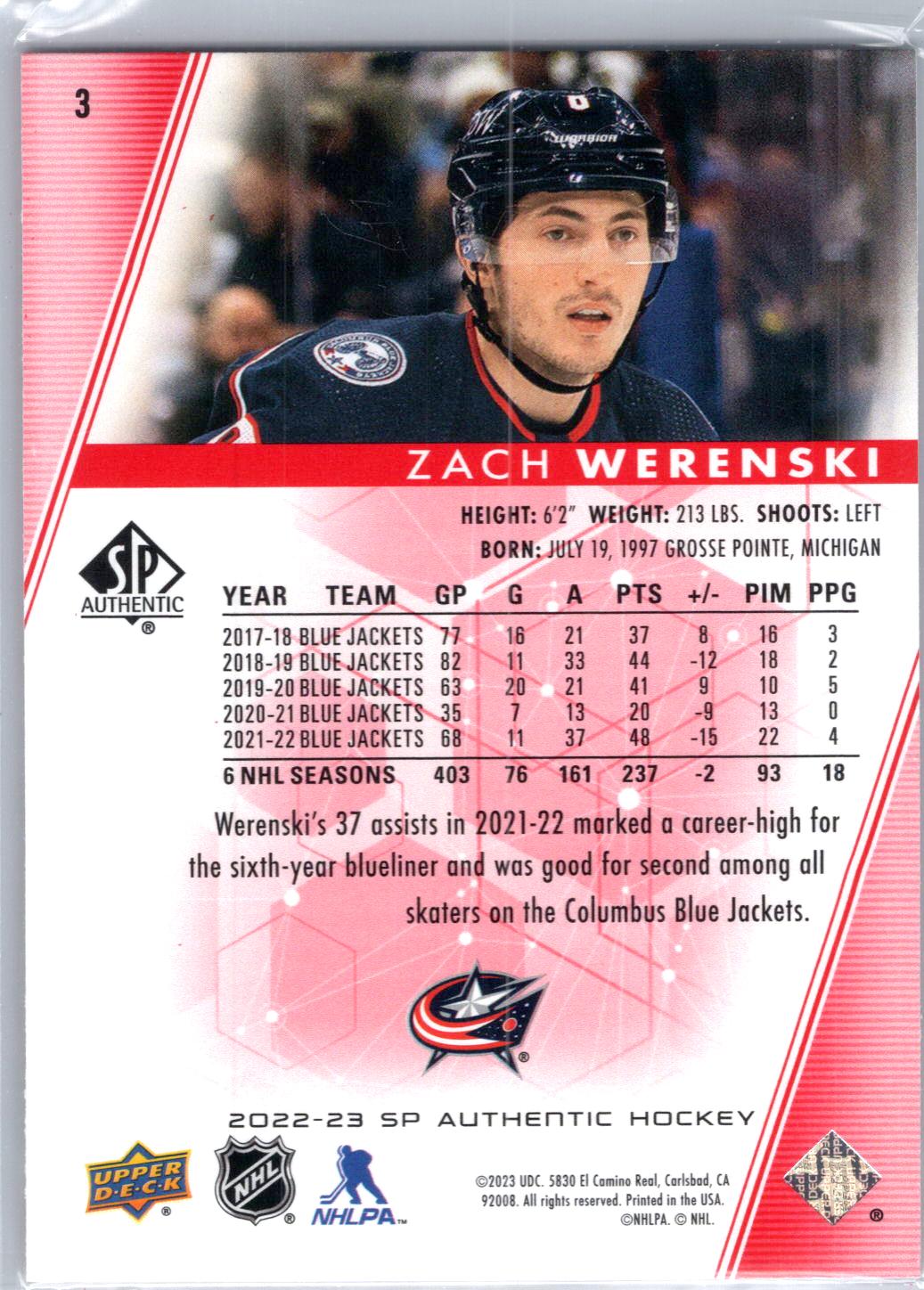 2022-23 SP Authentic #3 Zach Werenski Limited Red