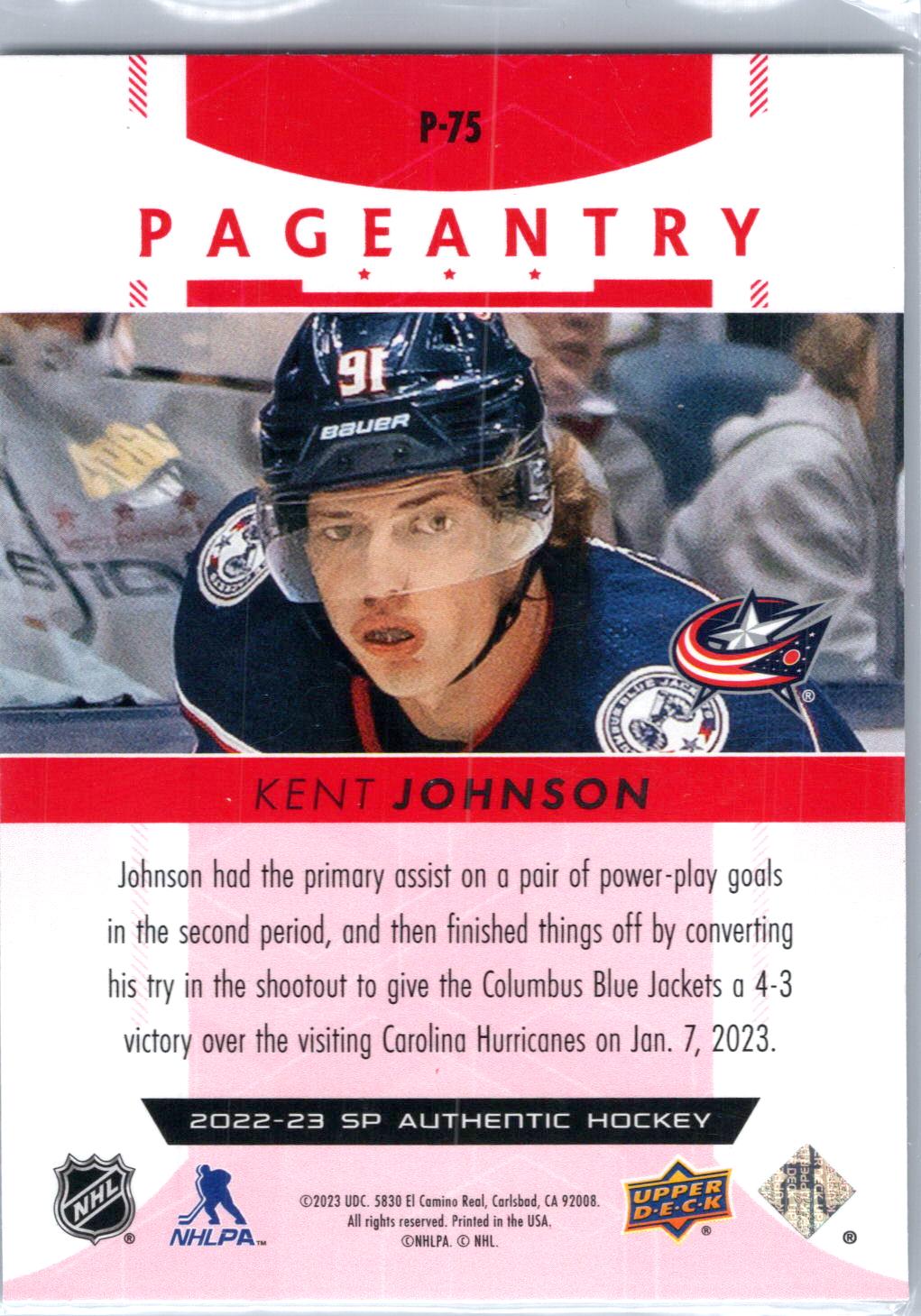 2022-23 SP Authentic #P-75 Kent Johnson Pageantry Red